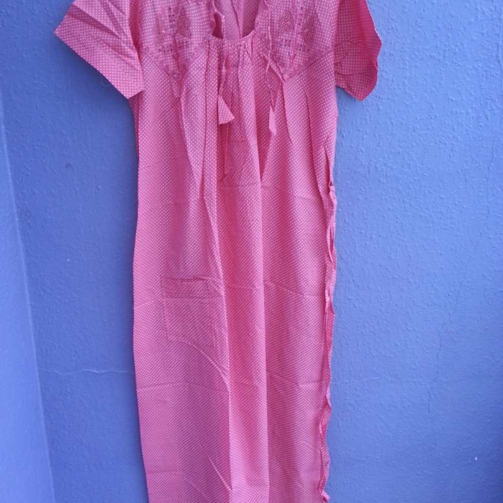- Full length soft cotton pink dots night wear lingerie beautiful embroidered